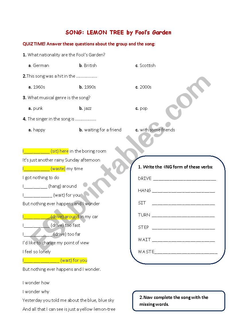 Fools Garden Lemon Tree worksheet