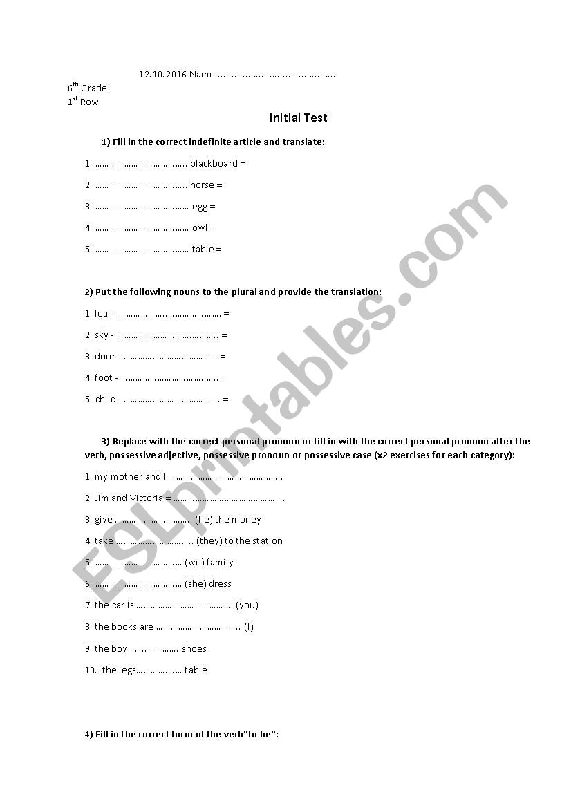 Test 6th grade 1st row worksheet