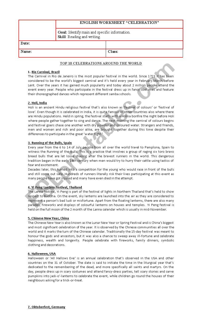 Celebrations  worksheet