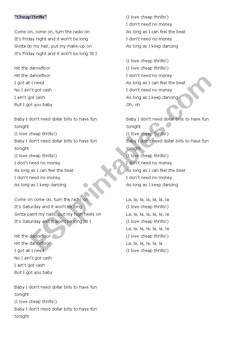 Sia Cheap THrills - ESL worksheet by pcholka20