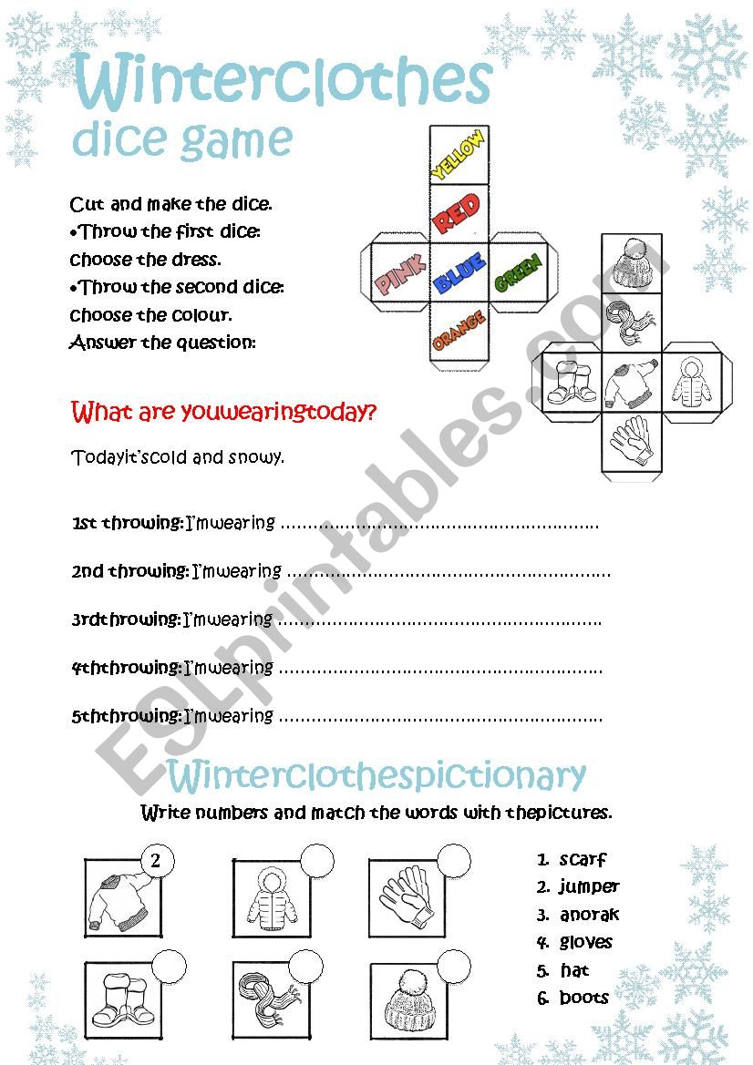 Winter clothes DICE game worksheet