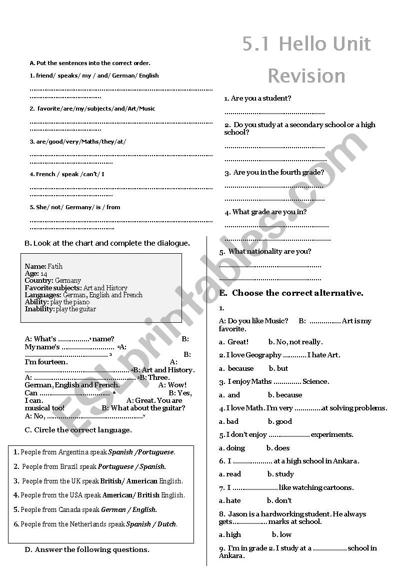 5.1 Unit Hello Revision worksheet