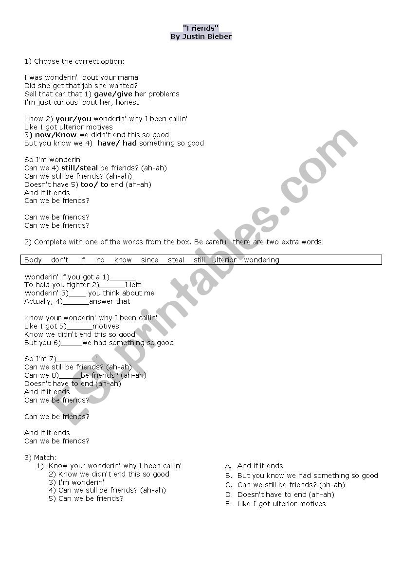 Friends by Justin Bieber worksheet