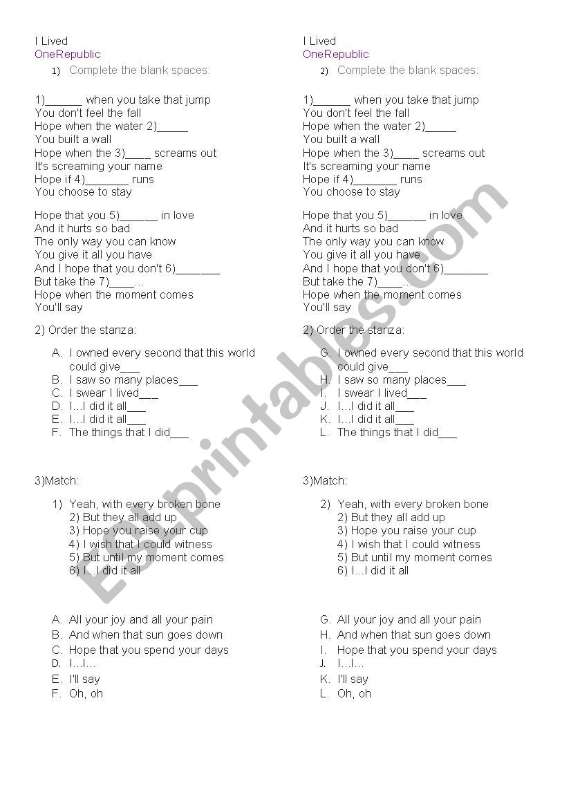 I lived by One Republic worksheet