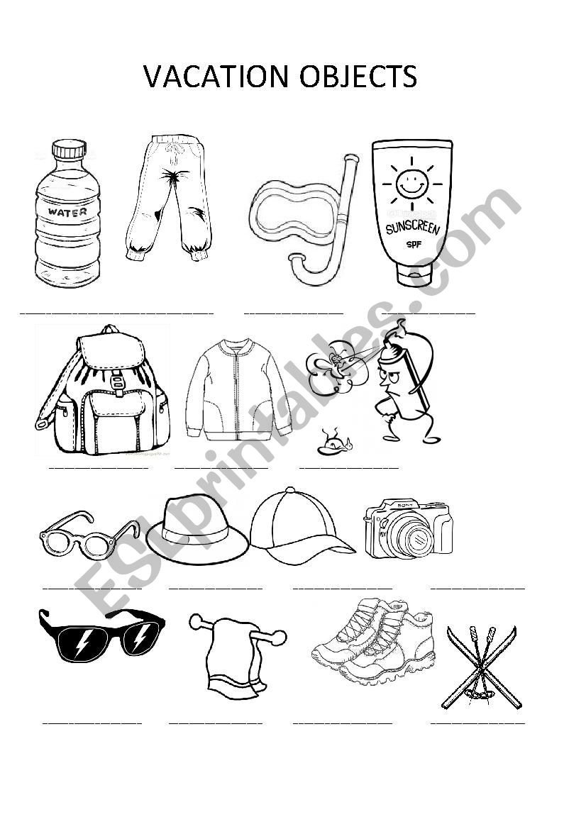 VACATION OBJECTS worksheet