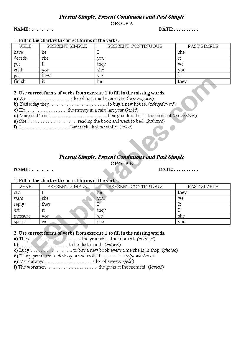 Short test-Present Simple, Present Continuous and Past Simple