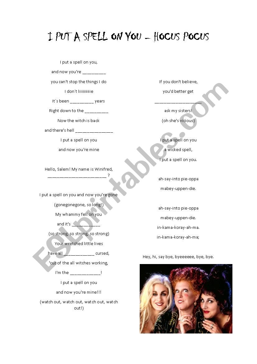 I Put a Spell on You (Hocus Pocus) lyrics worksheet