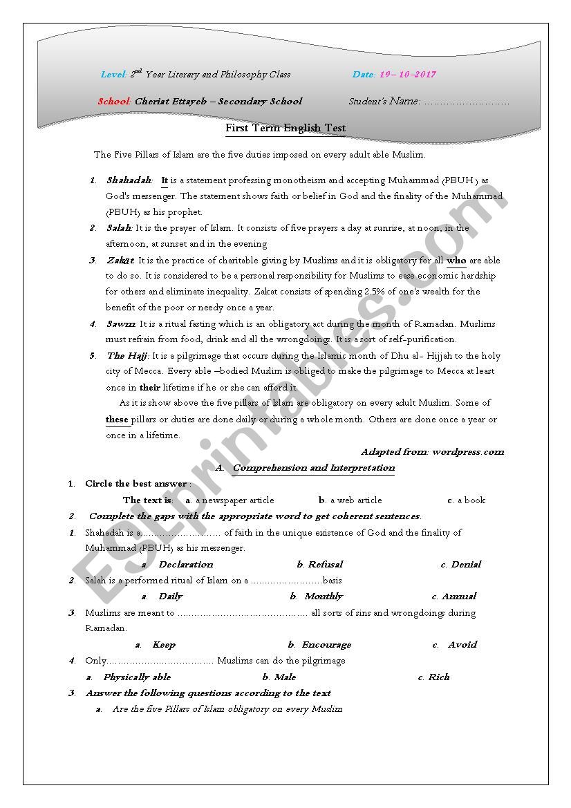 The Five Pillars of Islam  worksheet