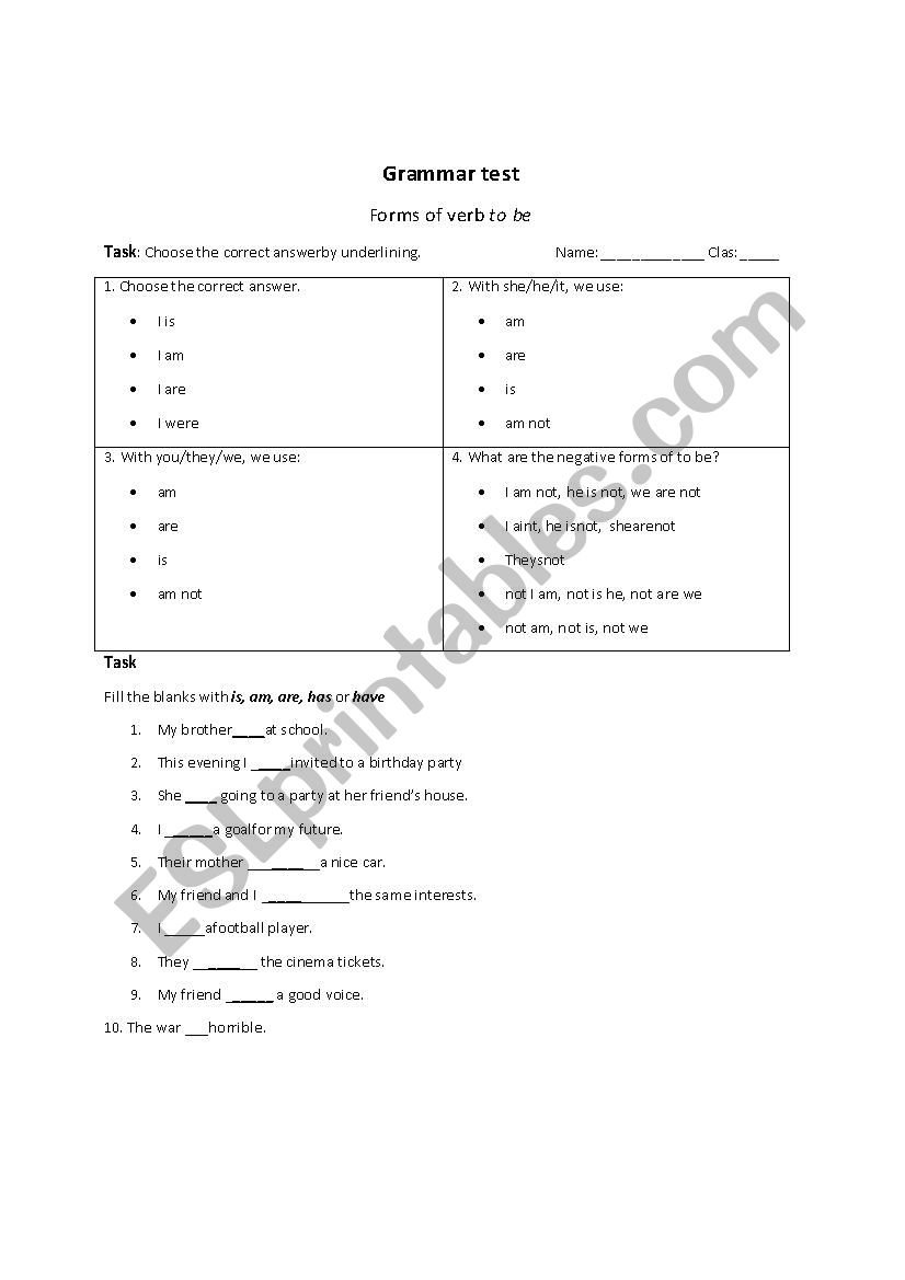 Grammar Test. Verb 