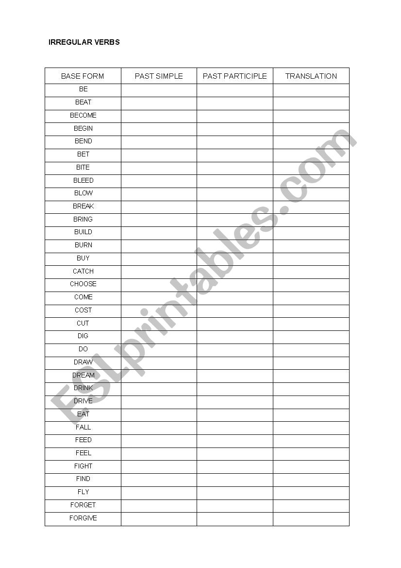 Irregular verbs table for filling