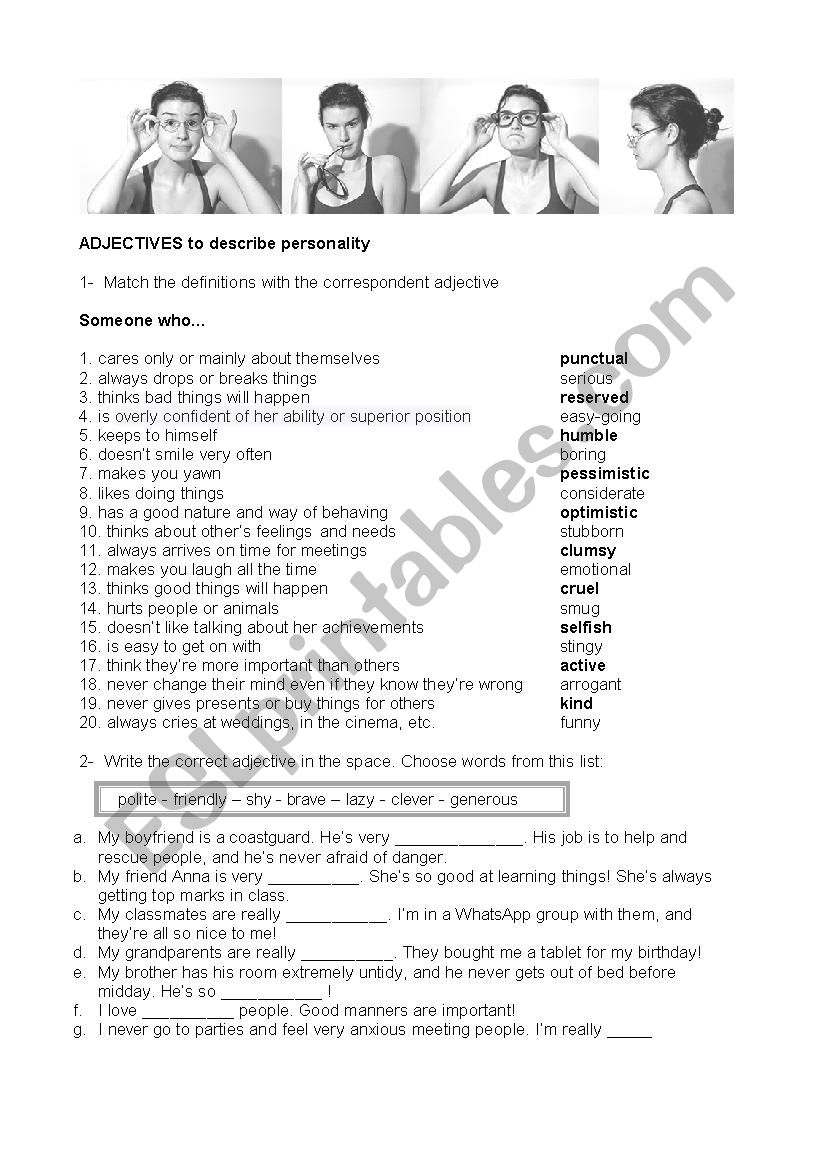 Personality adjectives worksheet