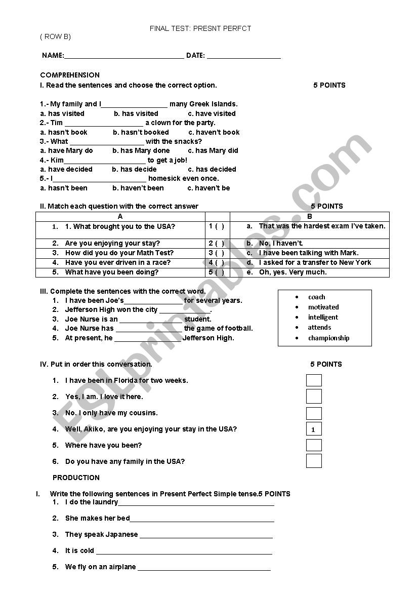 final exam present perfect (row B)