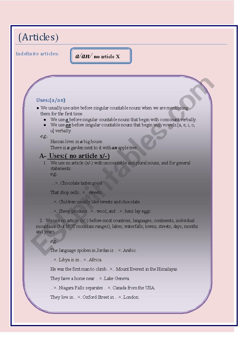 Articles worksheet