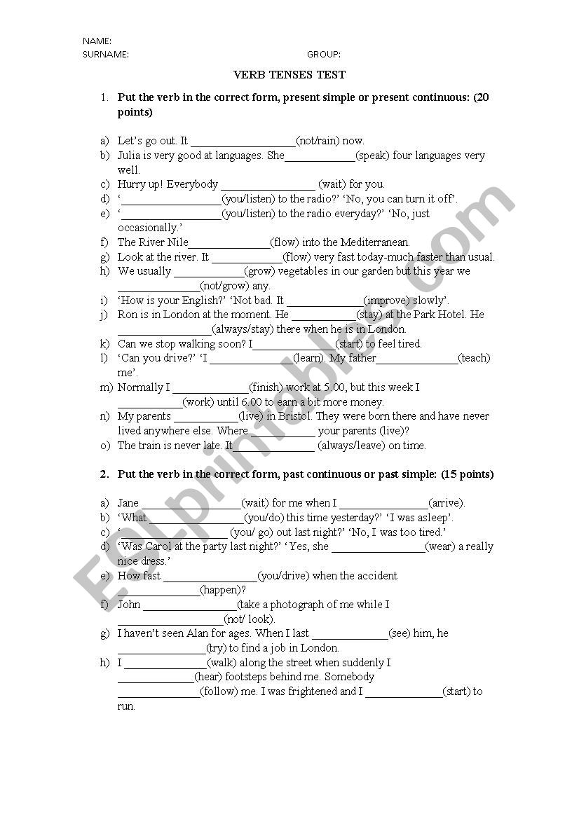 VERB TENSES TEST AND REVIEW worksheet