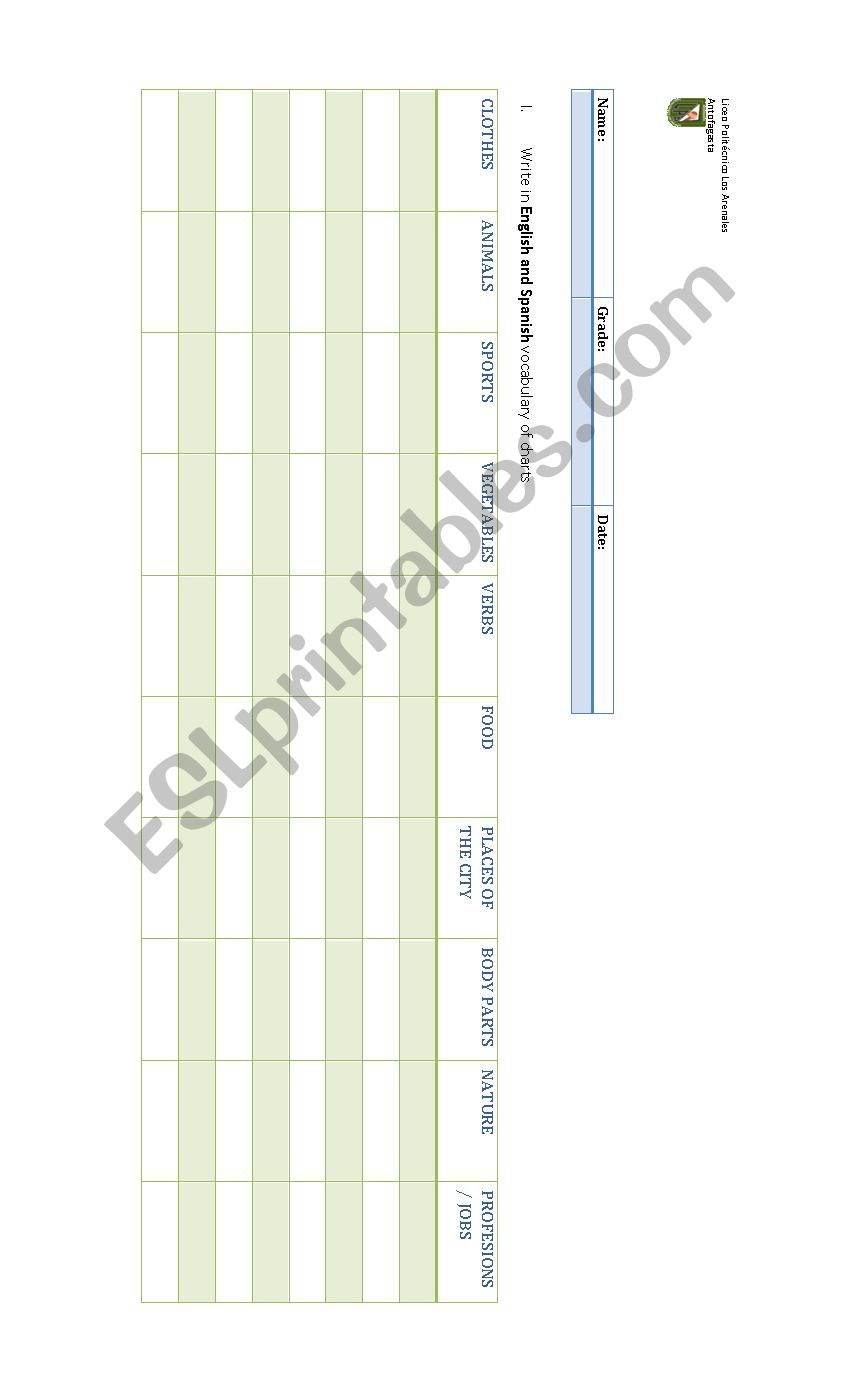 Vocabulary Chart worksheet