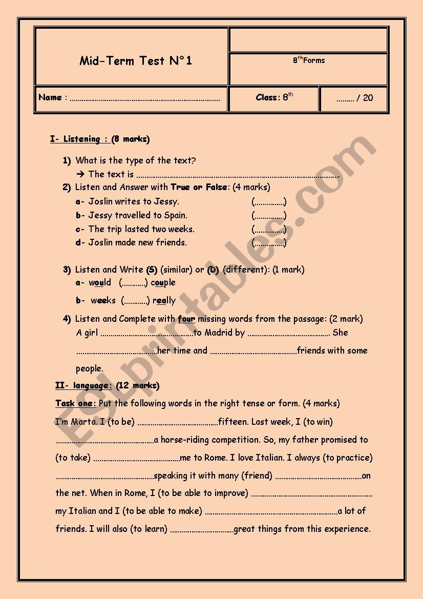 test intermediate level worksheet