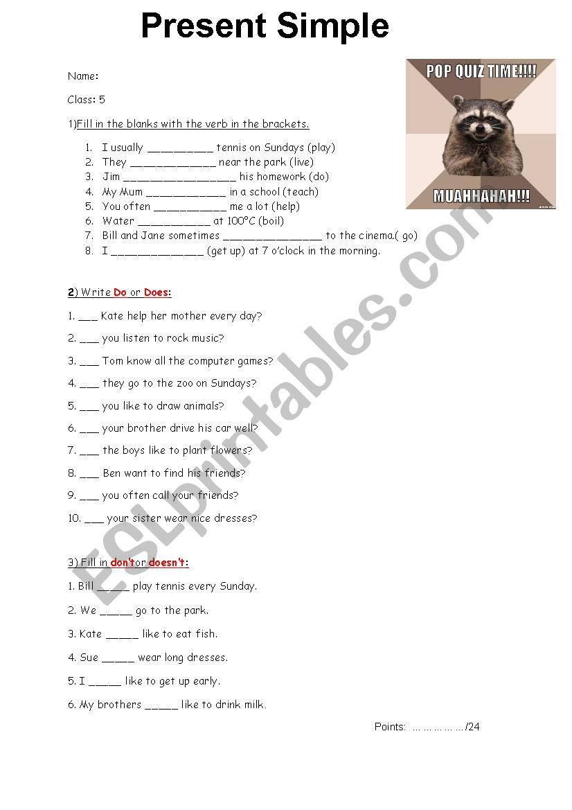 Present Simple pop quiz worksheet