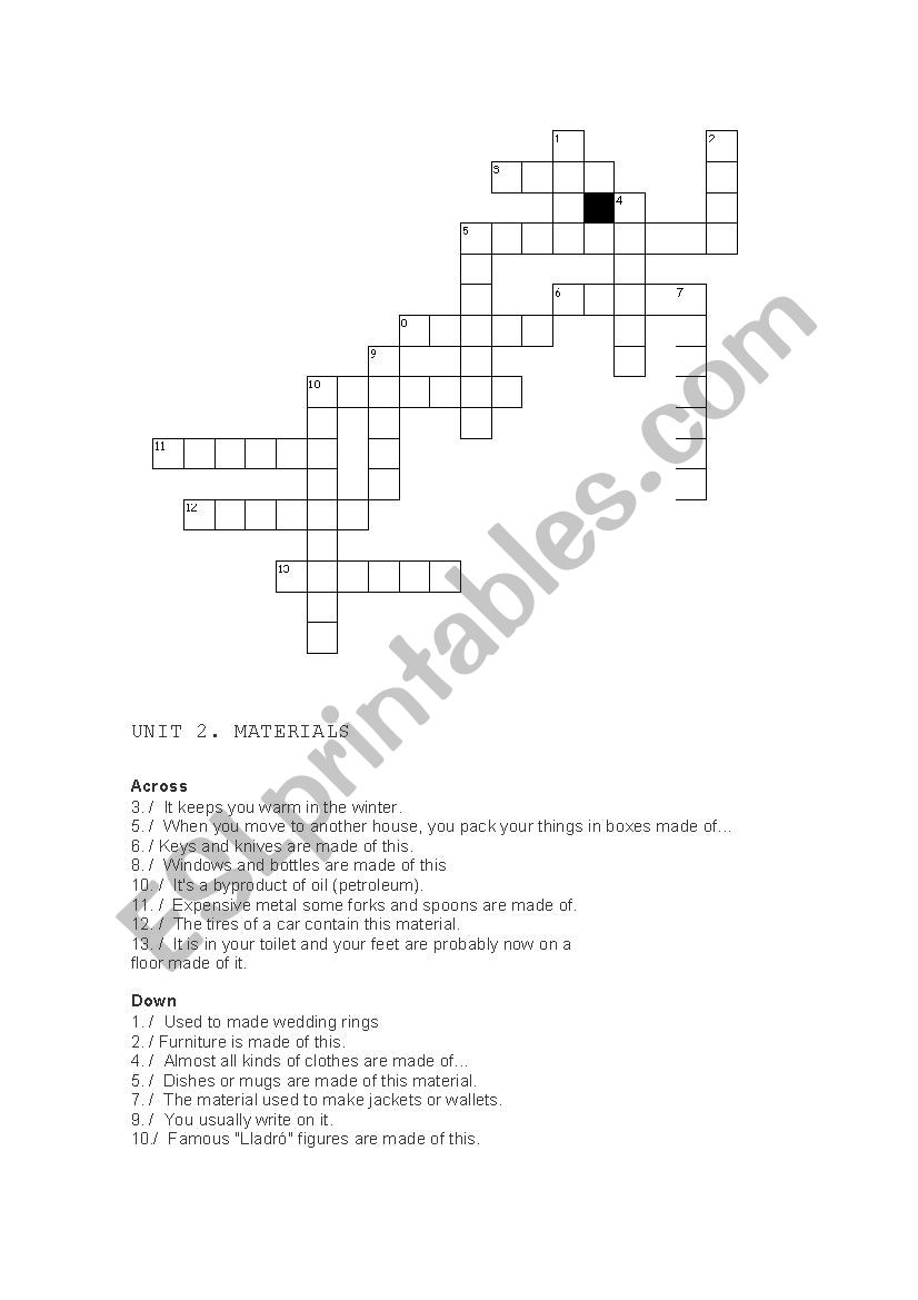 MATERIALS CROSSWORD PUZZLE worksheet