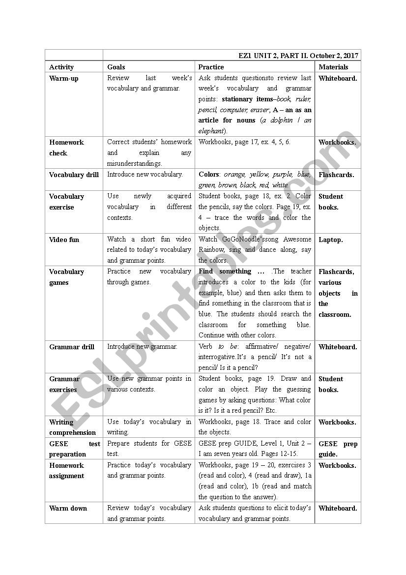 English Zone Level 1 Unit 1 Lesson Plan