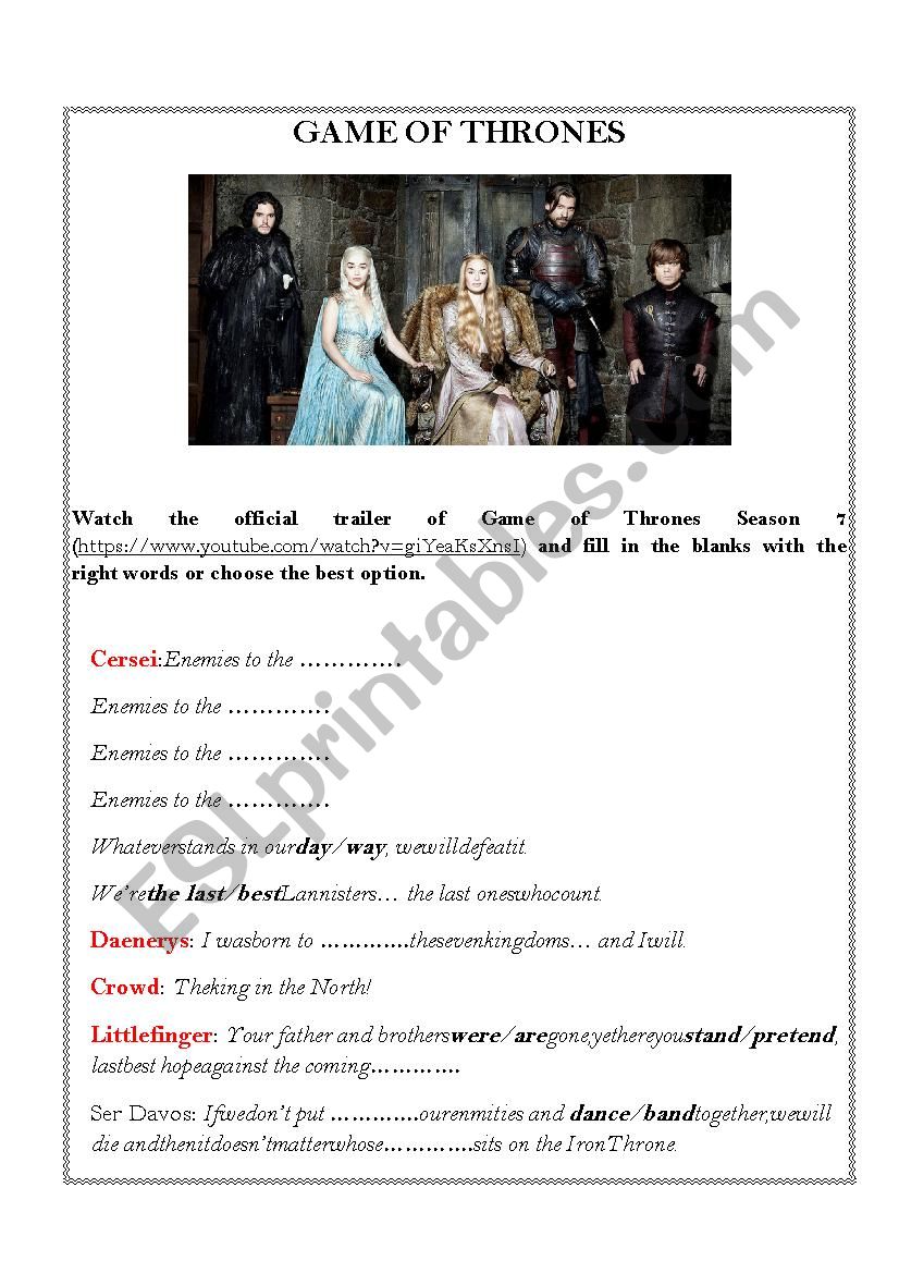 GAME OF THRONES worksheet