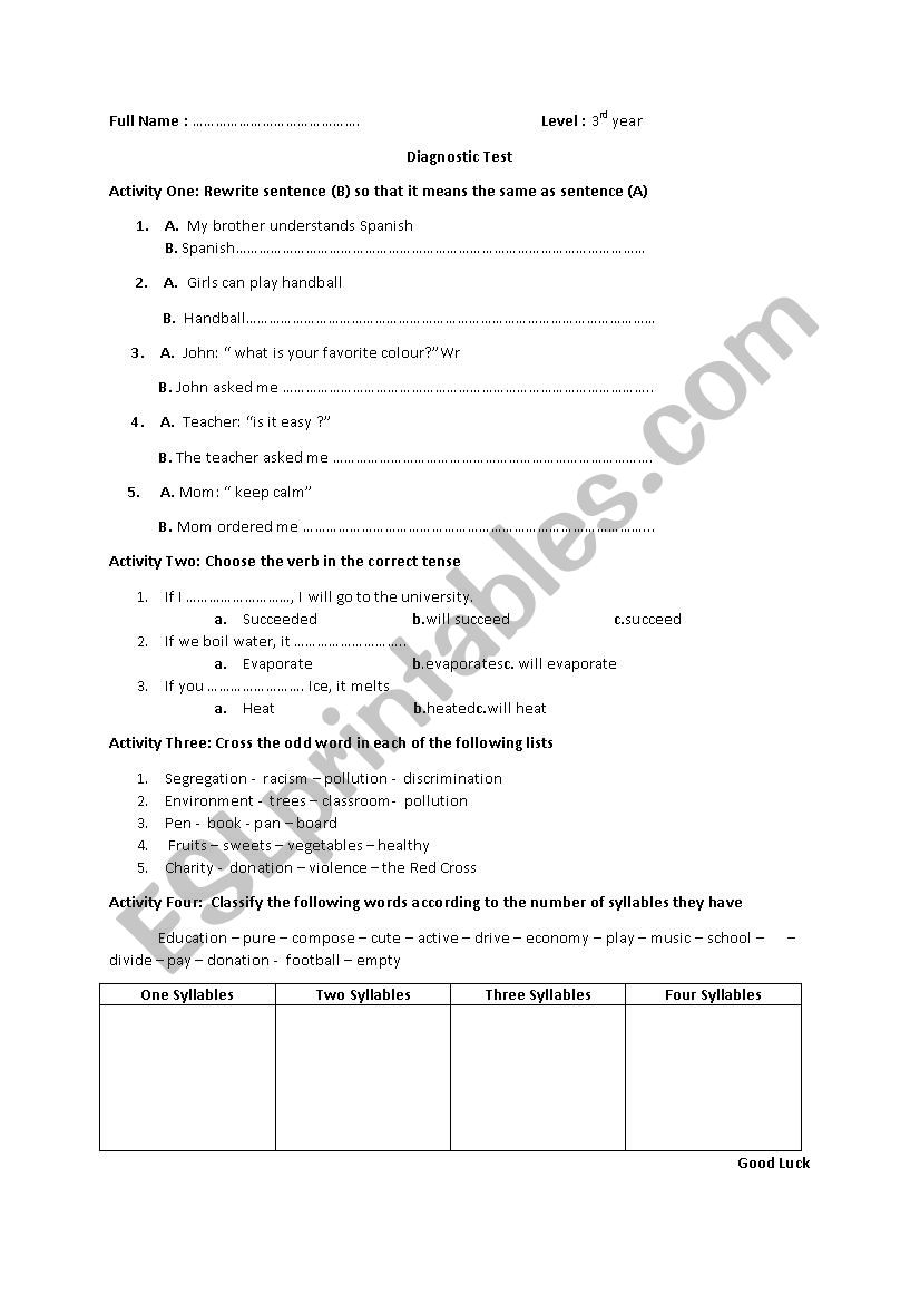 test worksheet