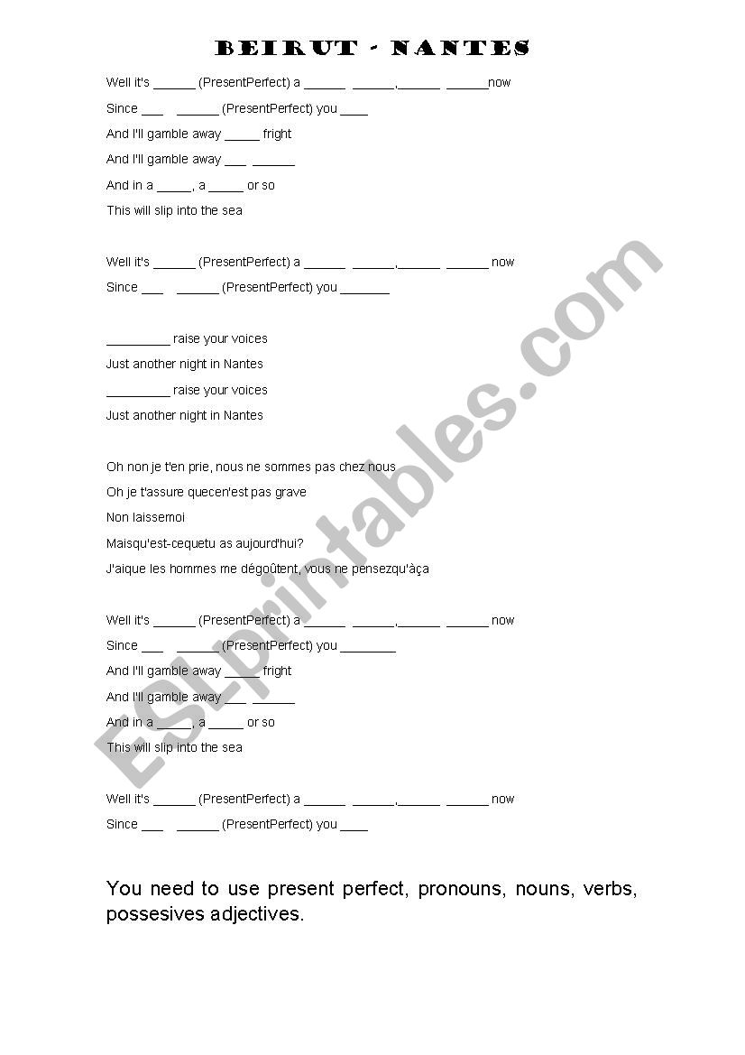 Bierut nantes present perfect worksheet