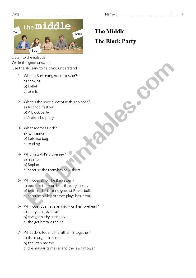 The Middle (series) worksheet