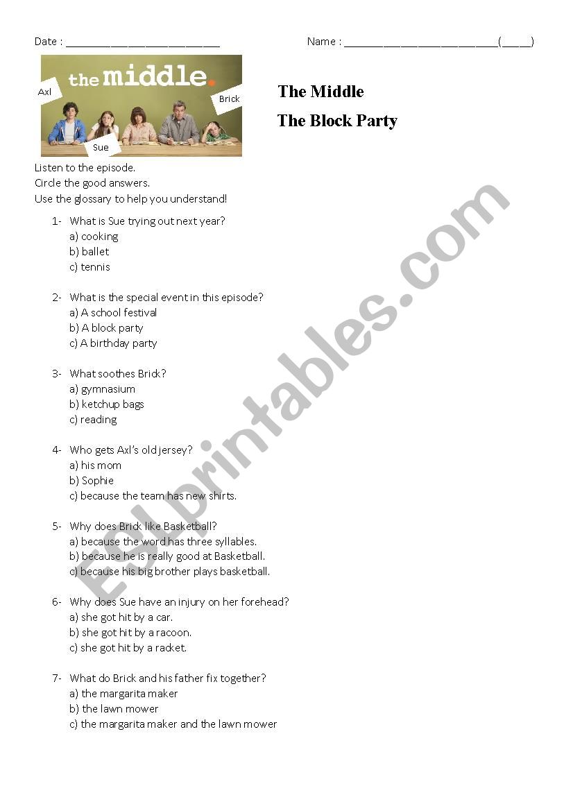 The Middle (series) worksheet