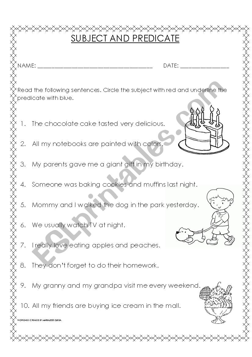 SUBJECT AND PREDICATE worksheet