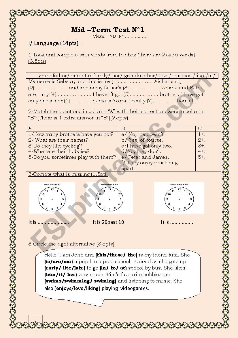 test intermediate level worksheet