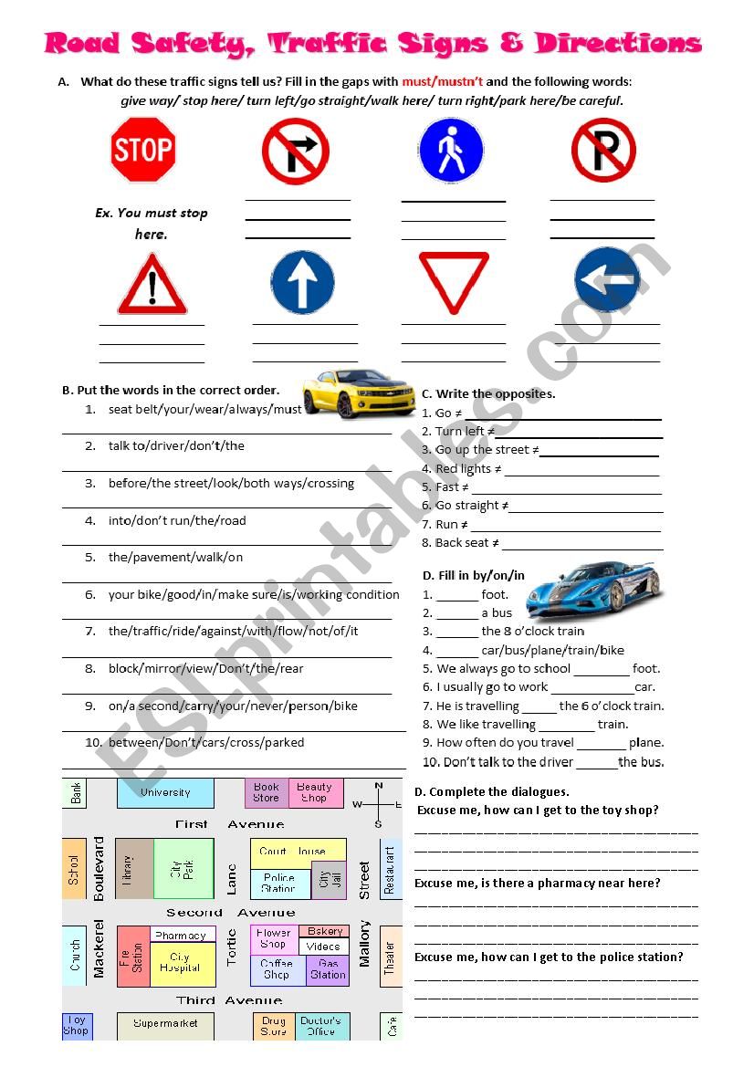 Road safety, traffic signs, prepositions and directions