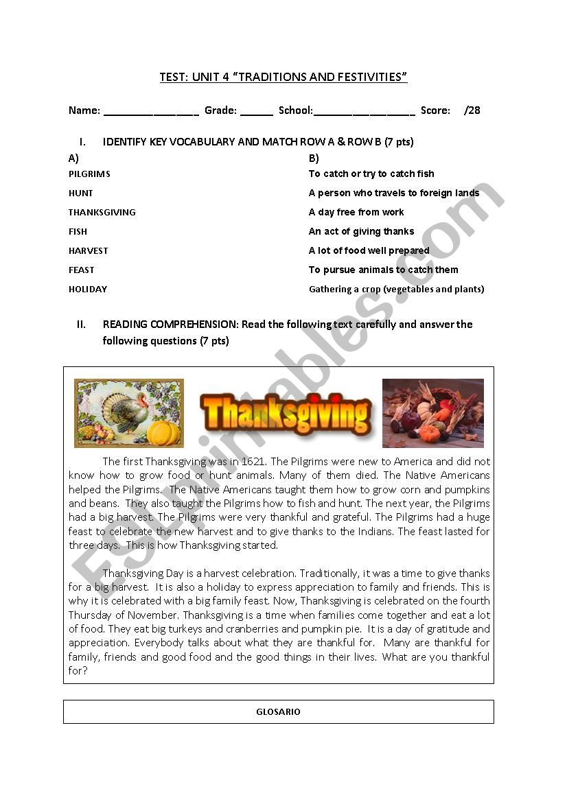 Thanksgiving test worksheet