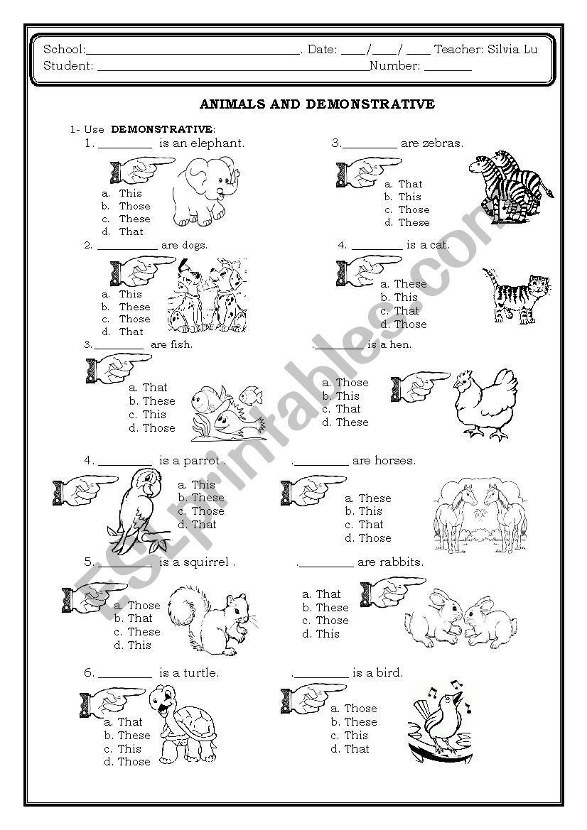 DEMONSTRATIVE AND ANIMALS worksheet