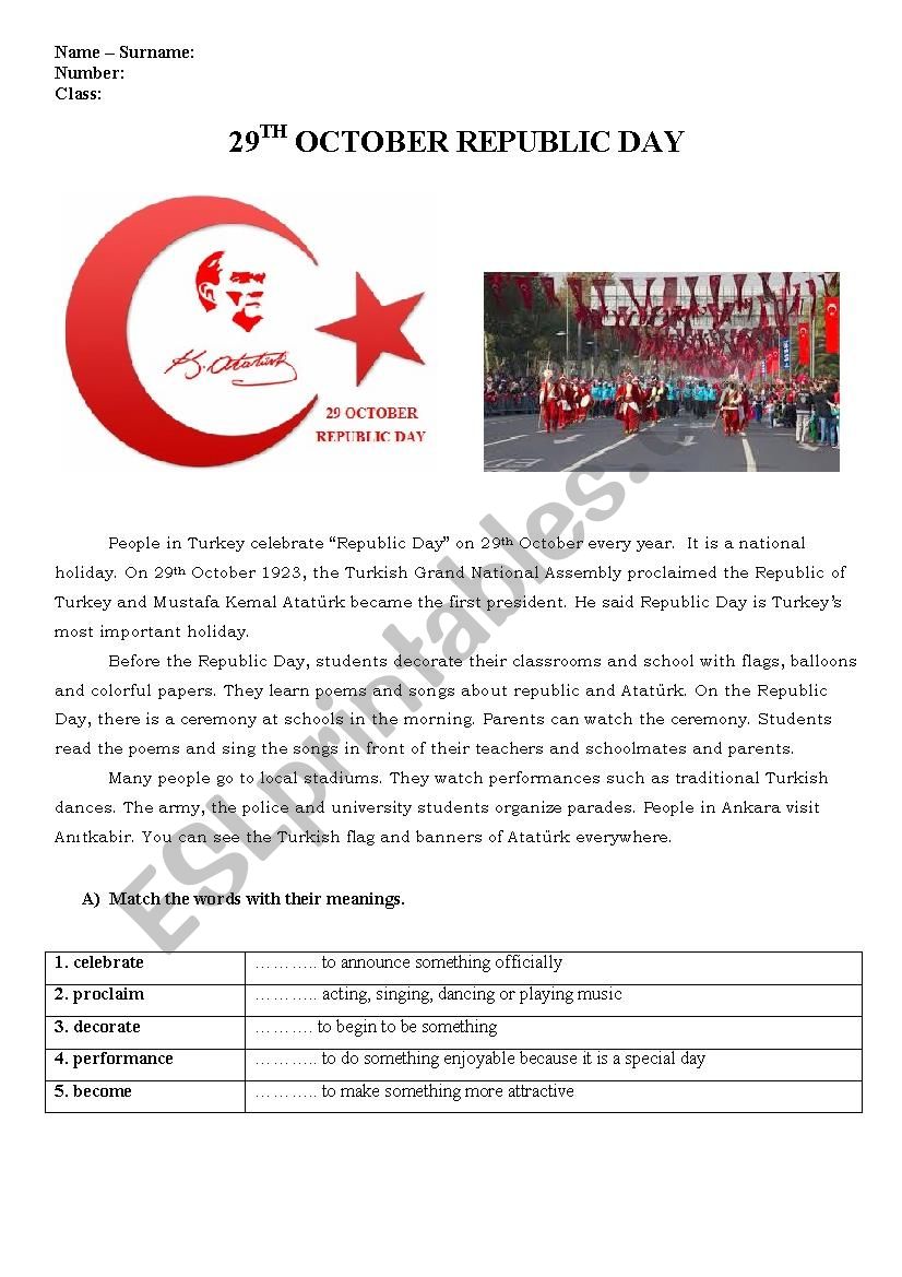 Turkish Republic Day worksheet