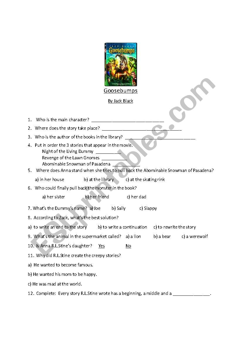 Goosebumps Jack Black worksheet