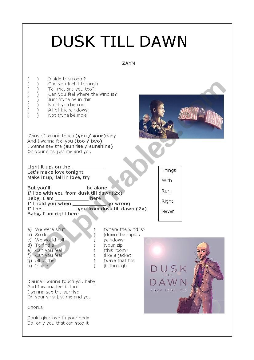 Song activity: Dusk till dawn worksheet