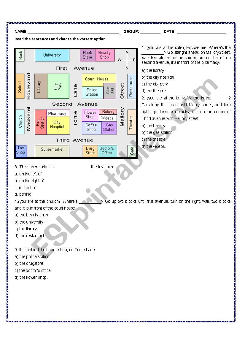 Giving direction exam worksheet