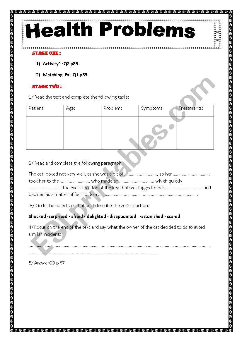 Health Problems worksheet