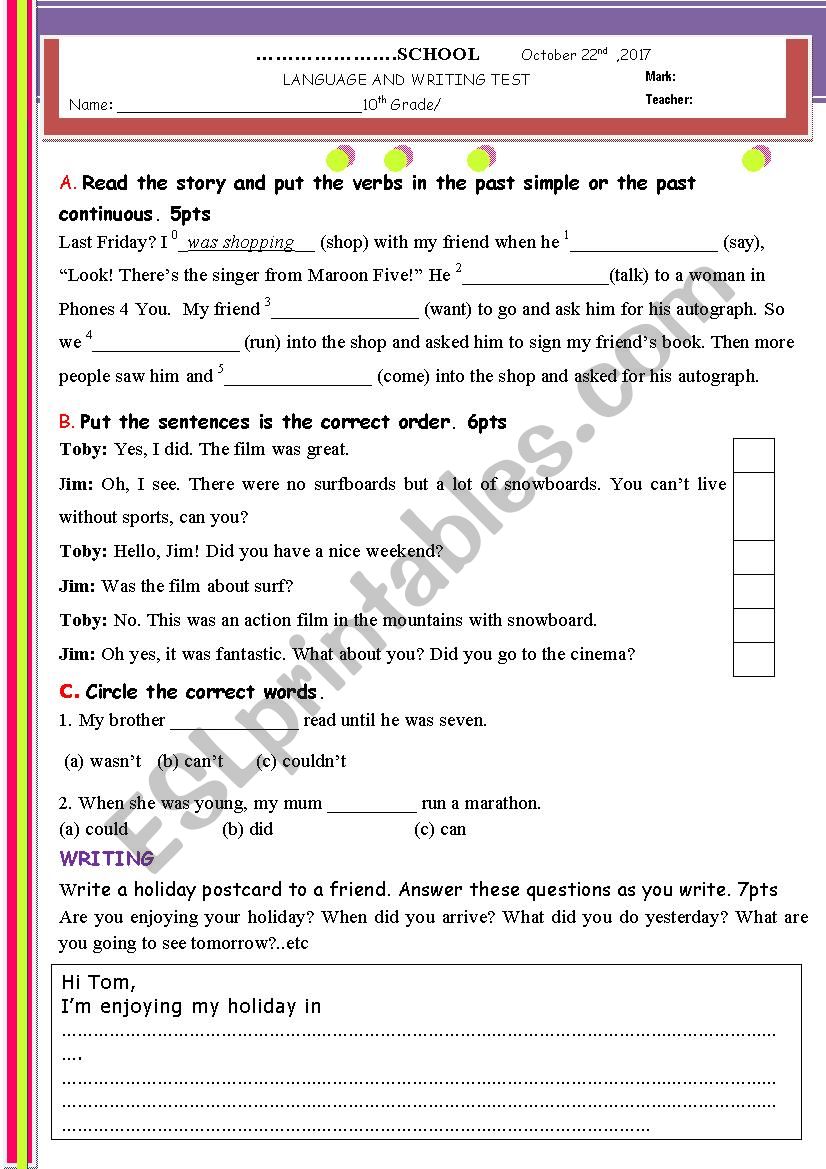 Language and Writing Test for 10th Grade