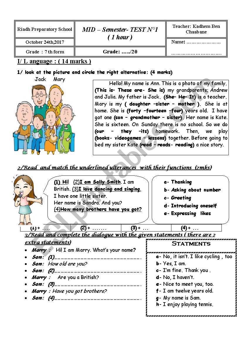 7th form mid term test1 worksheet