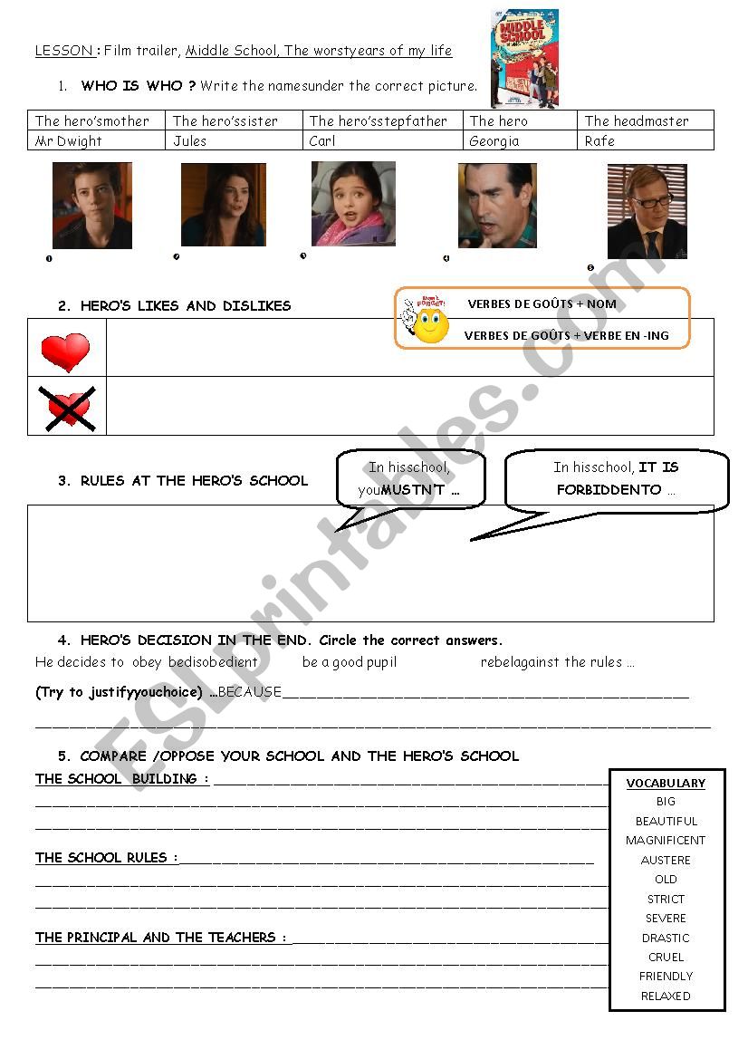 MIDDLE SCHOOL THE WORST YEARS OF MY LIFE TRAILER WORKSHEET