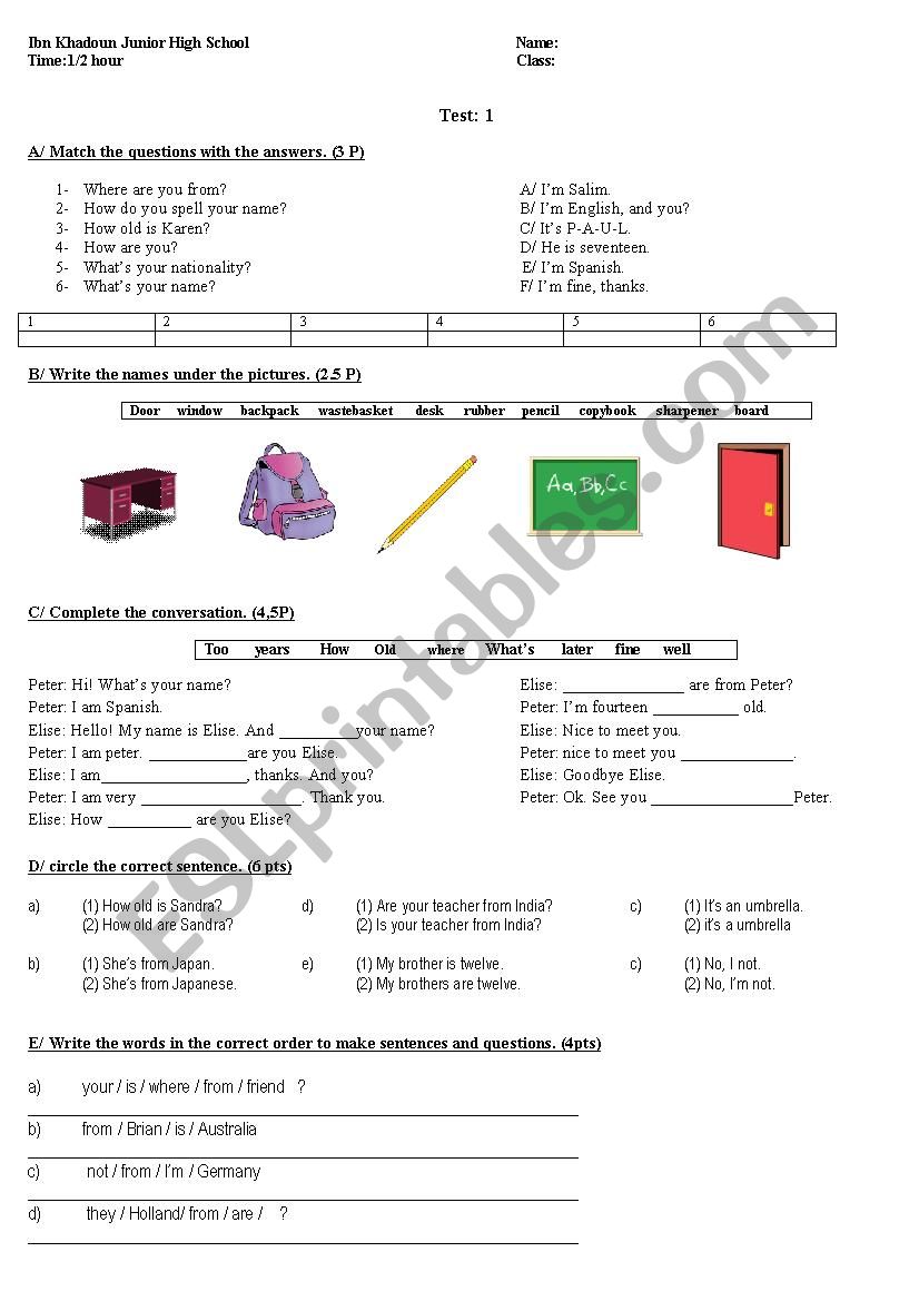 1st term test 1 worksheet