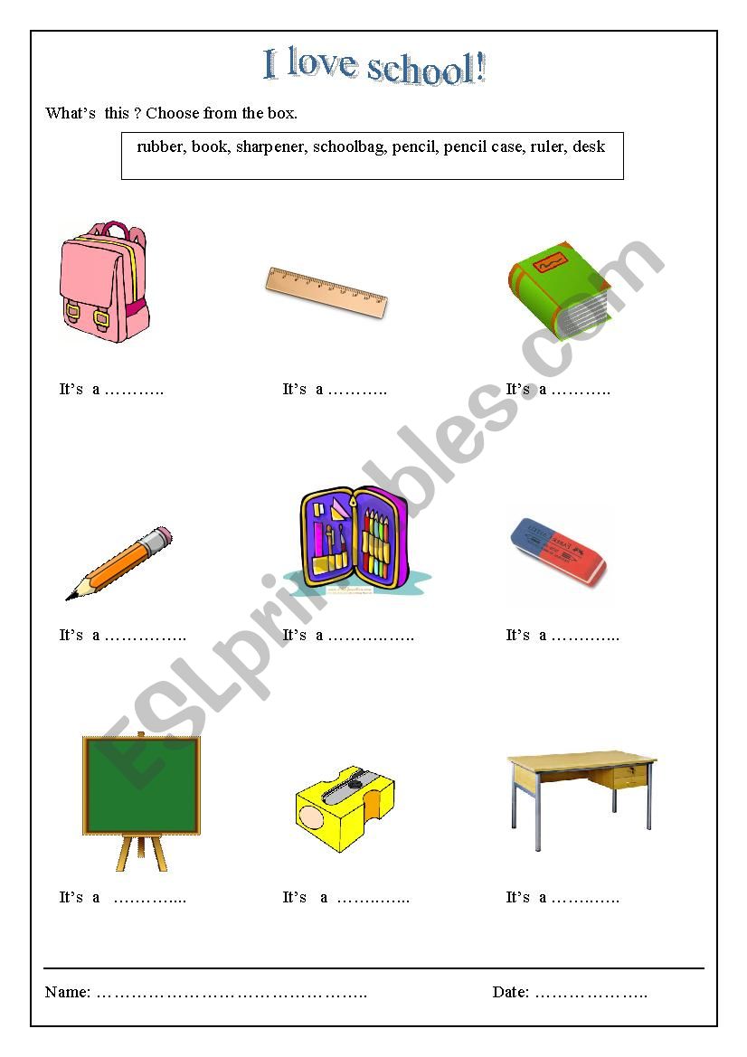 school oblects worksheet