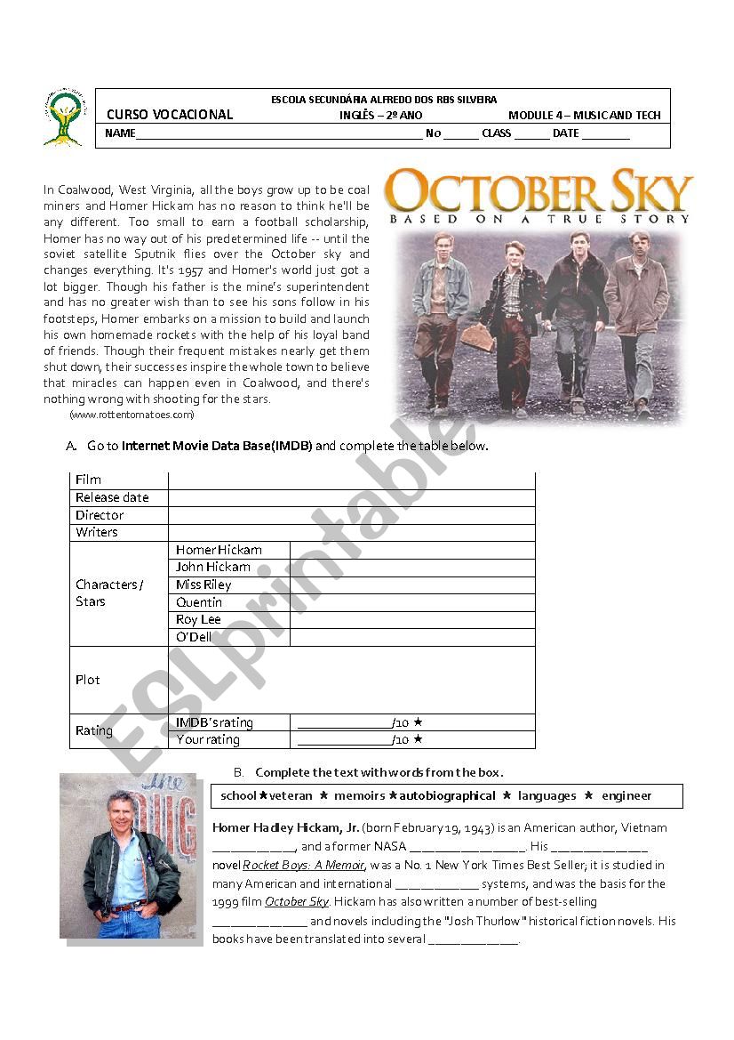 October Sky - film worksheet worksheet