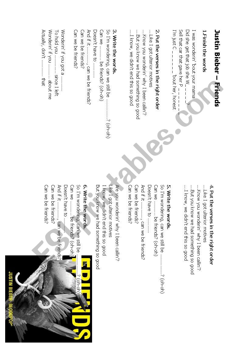 justin bieber - friends worksheet