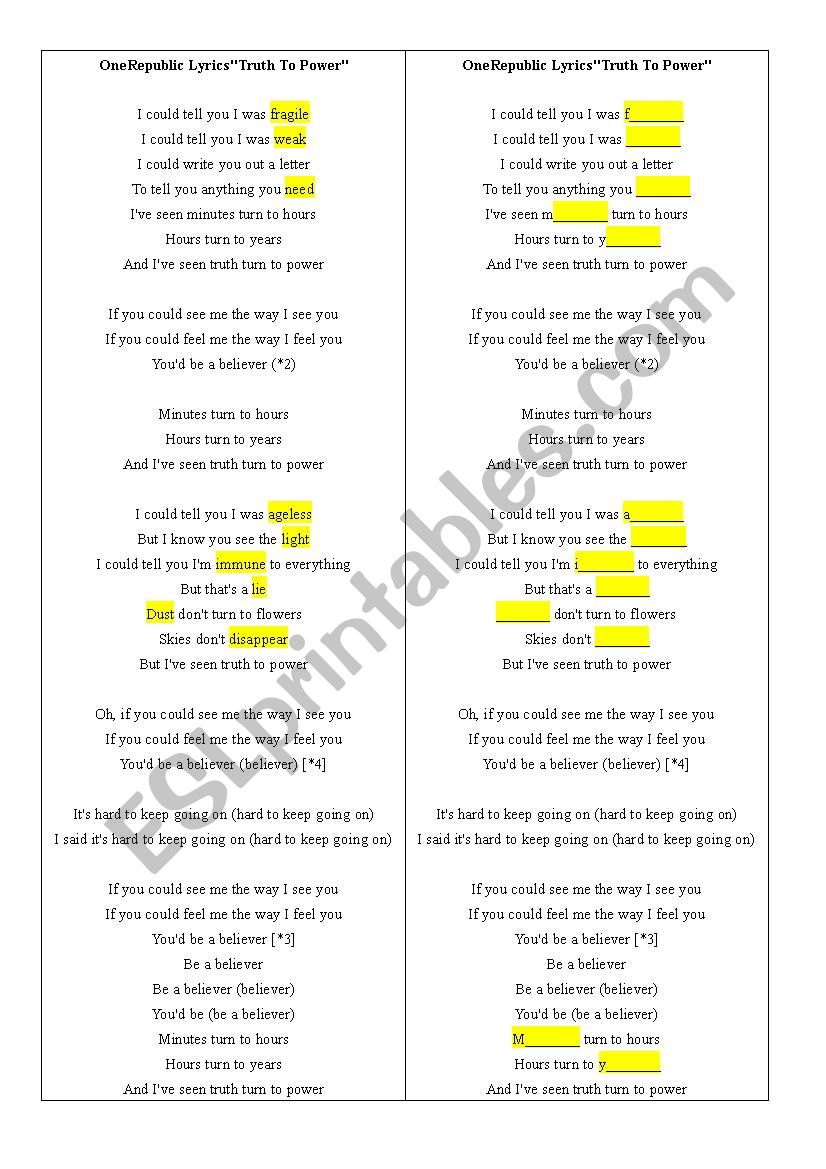Song lyrics: OneRepublic - Truth to power