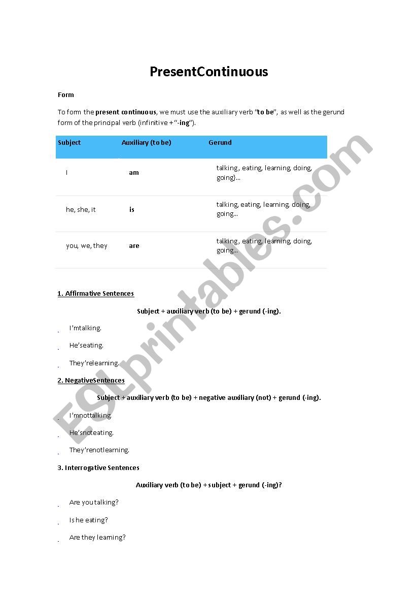 Present Continuous grammar worksheet