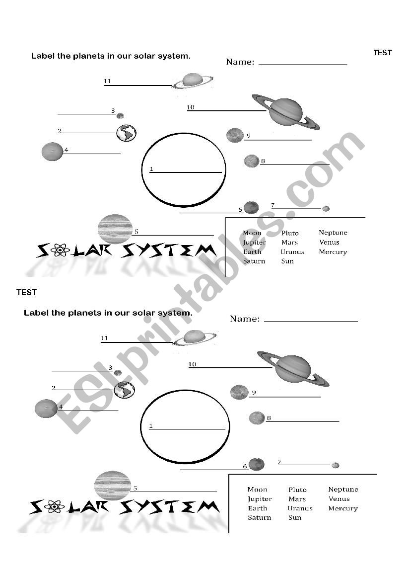 Planets of Solar System worksheet
