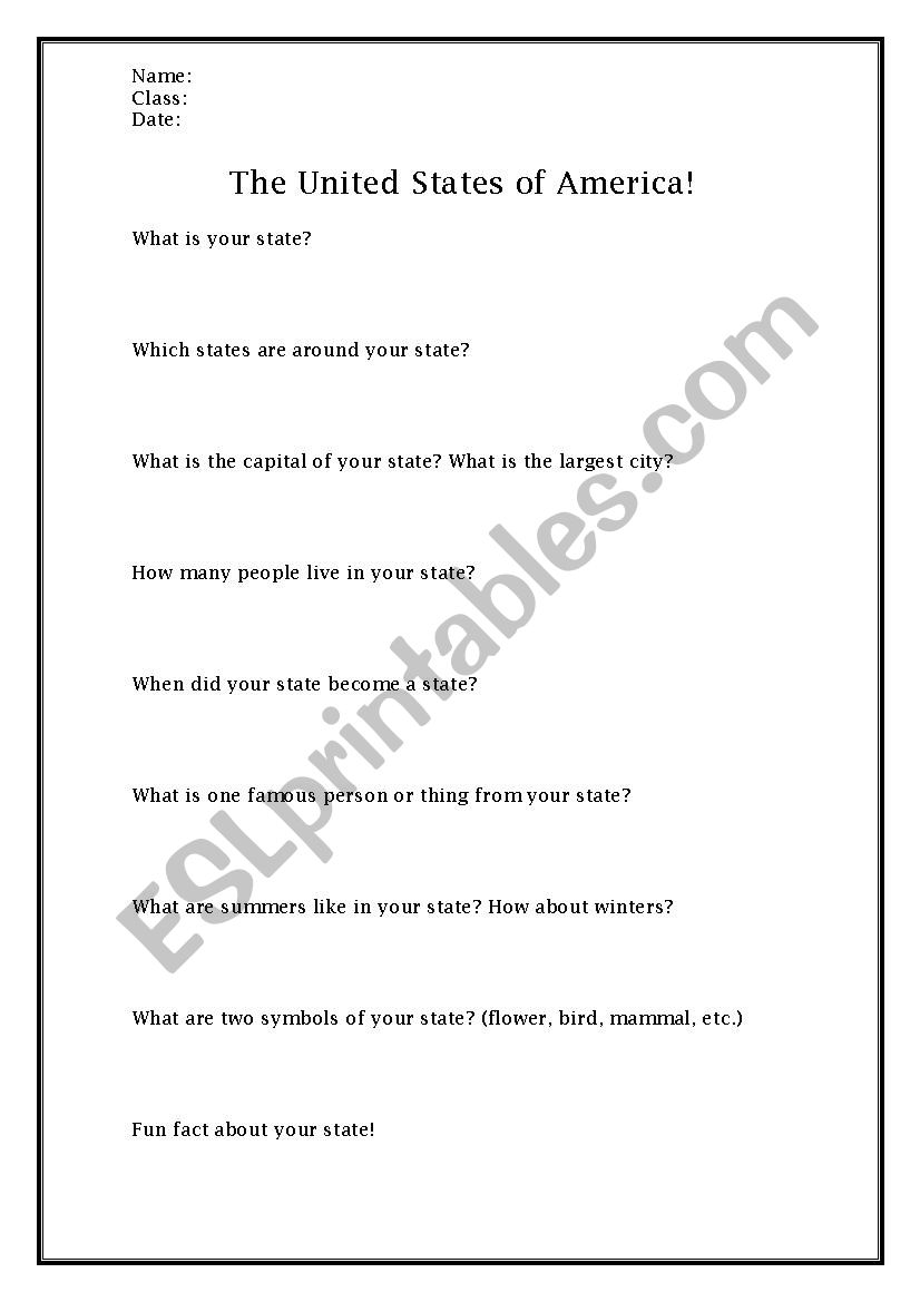 United States Worksheet worksheet