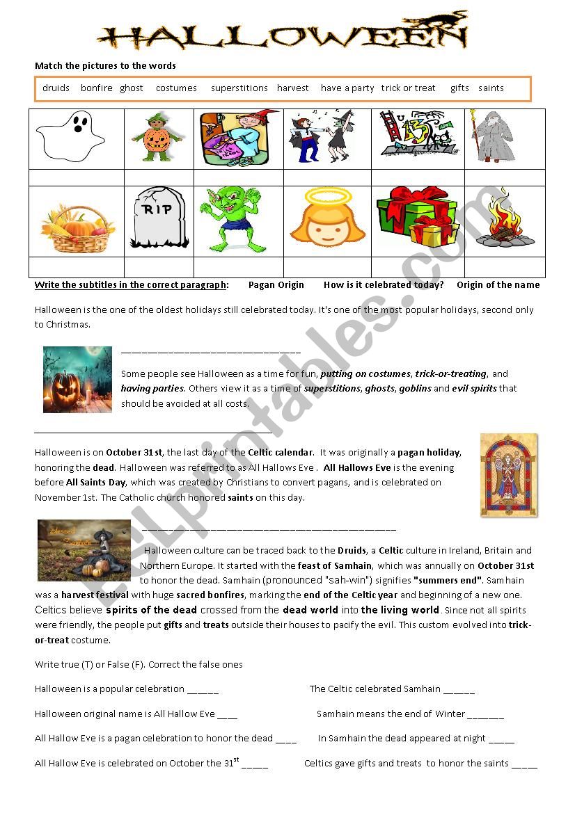 Halloween history and origin worksheet